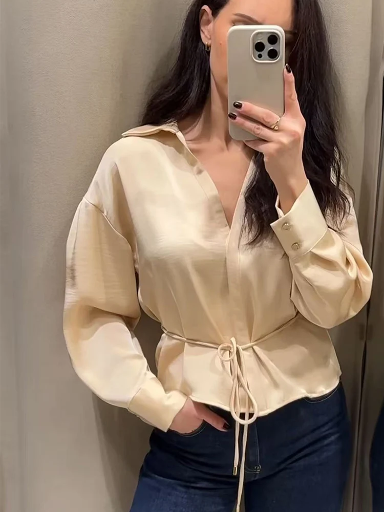 Women Elegant Solid Tops Blouses New Fashion  Office Lady Lapel Long Sleeve Slim Waist Belt Lace-Up Female Simple Style Shirts