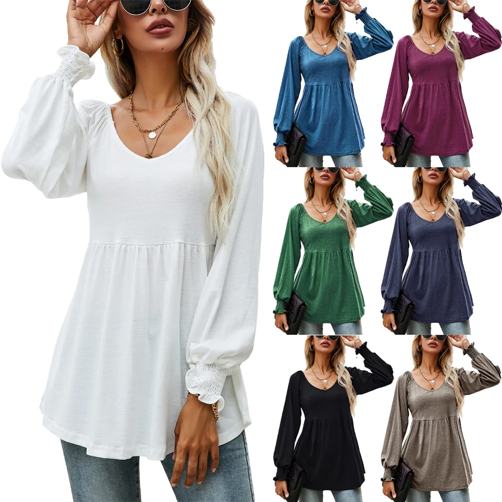 

Womens Casual Long Sleeve Blouse V Neck Fall Tee T Shirts with Pleated Flare Hem Puff Sleeve Tunic with Smocked Cuffs