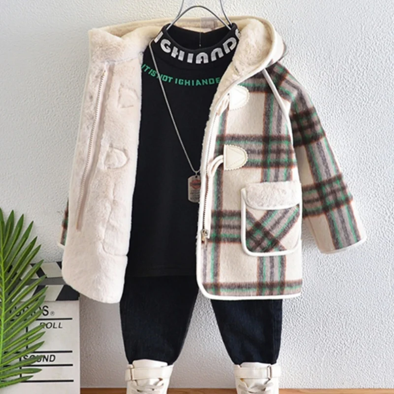 

Boys Woolen Coats Jackets Plus Thicken 2024 Lattice Warm Velvet Winter Autumn Cotton Tracksuit Sport Children's Clothing