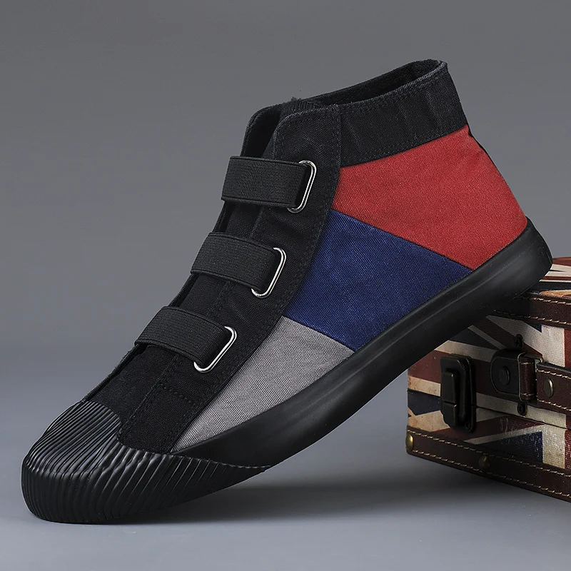 

Autumn New Men's Canvas Vulcanize Shoes Elastic Band Mid-top Mixed Colors Loafers Breathable Non-slip Soft Bottom Flats M21324