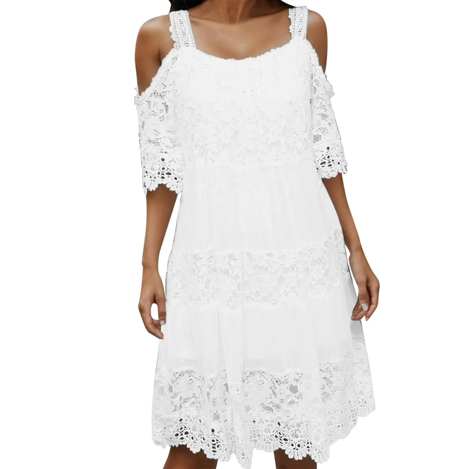 

Women's Casual Dress Smooth Lace Dress Strap Lace Cut Out Midi Dress Surplice Dress for Women Skater Dress for Women Summer