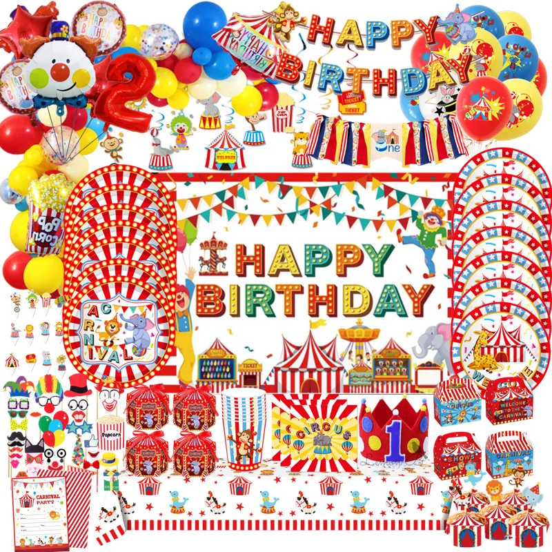 Circus Thema Clown Partei Liefert Kinder Geburtstag Dekoration Einweg Geschirr Papier Tasse Platte Serviette Ballon 1st Baby Dusche