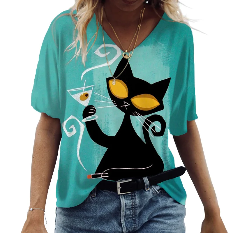 Funny Cat Printing T Shirt For Women's Fashion Animal Harajuku Clothes Oversized Short Sleeve Tees Casual V-neck Woman Tops 2023 -Sad769756cb5b4efb98b4fed5717a83c1i
