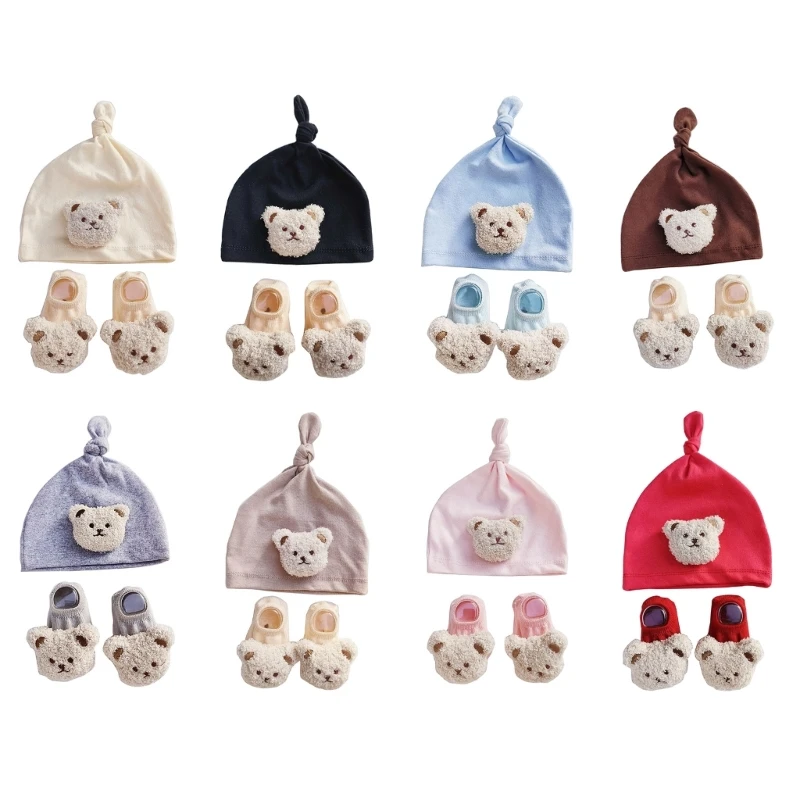 

Bear Baby Beanie Cap Newborn Knotted Hat with Floor Socks Set 69HE