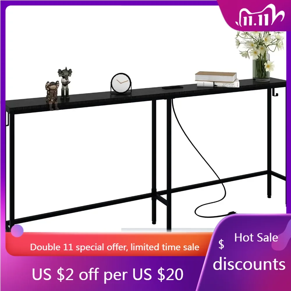 70 Inch Narrow Console Table with Outlet, Skinny Sofa Table Narrow Long Behind Couch