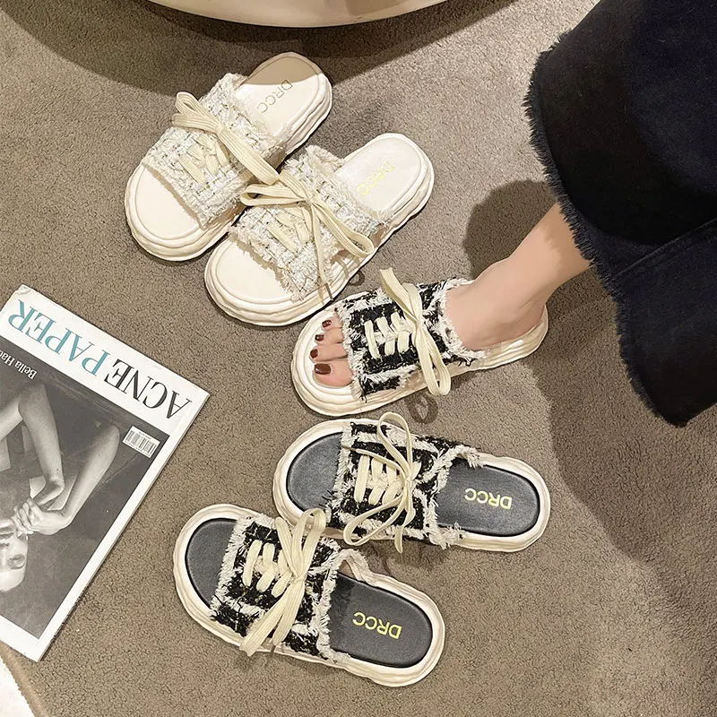 

Сланцы женские на платформе, пляжные шлепанцы, мягкая обувь на плоской подошве, 2024 резина, хлопок, сланцы, роскошные дизайнерские