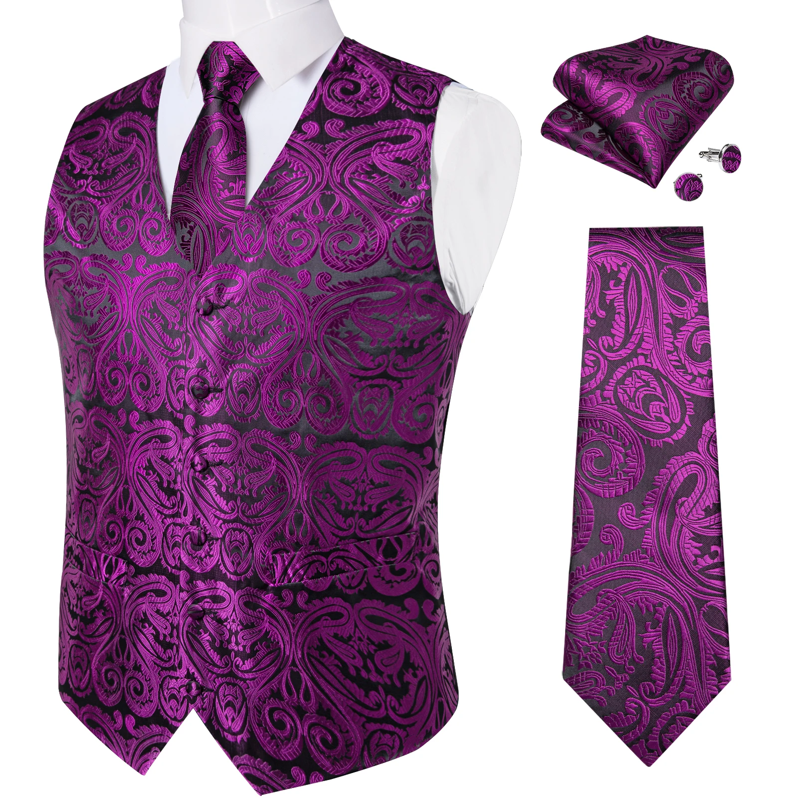 Dress Vests Men's Paisley Business Vest Wedding Waistcoat Necktie Pocket Square Cufflinks