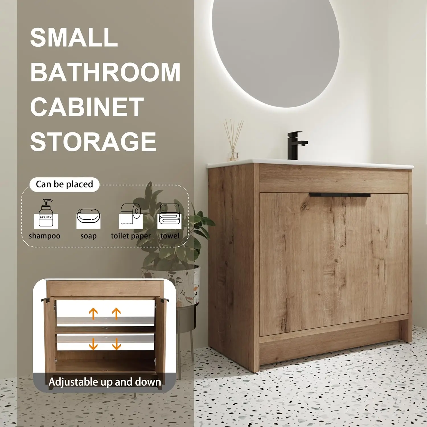 36-Inch Bathroom Vanity with Sink Mid-Century Bathroom Vanities with Top Basin Floor Wood Bathroom Sink Cabinet 3