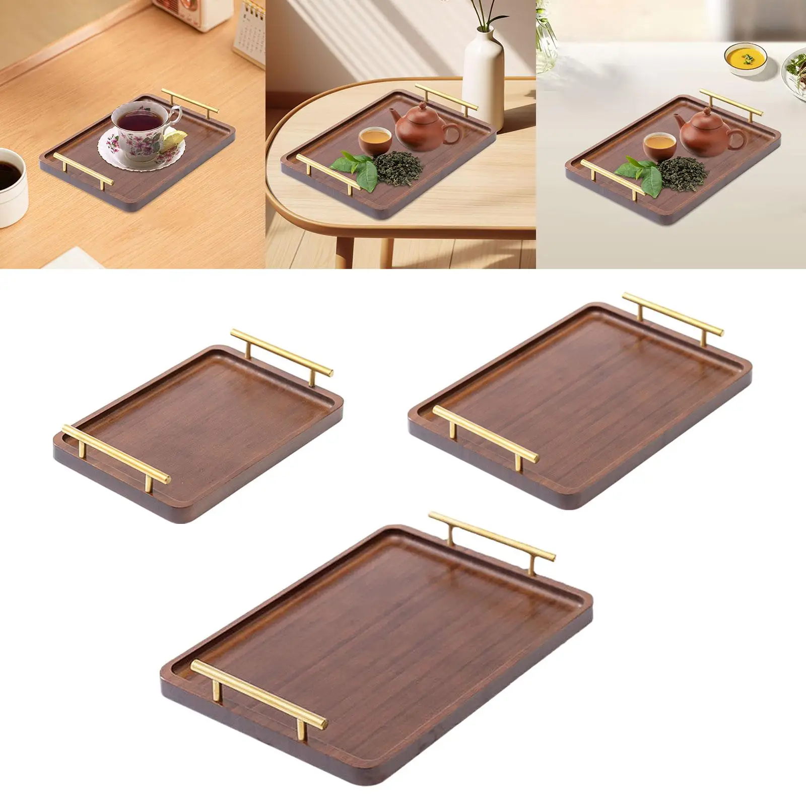 Wooden Serving Tray Snack Tray with Metal Handles Food Tray Plate Decorative Tray Coffee Table Tray for Table Decor Kitchen