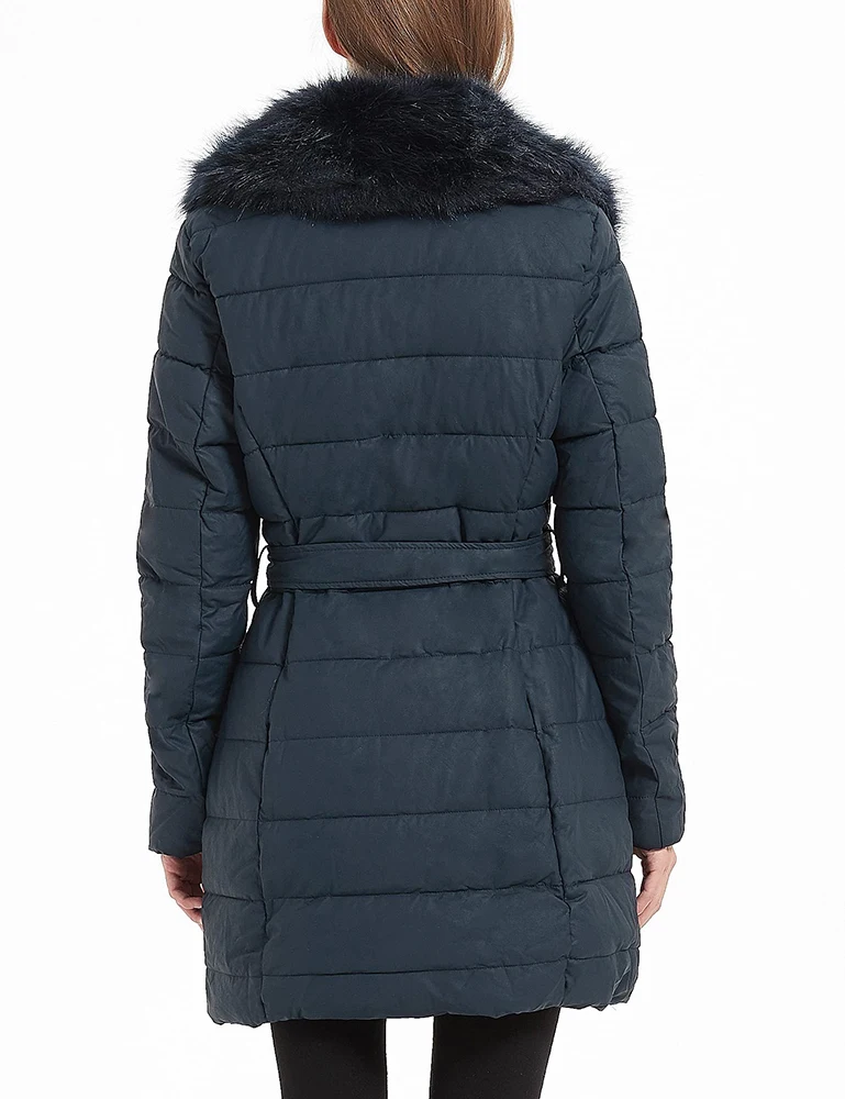Giolshon Long Faux Leather Puffer Jacket Women Bubble Padding Coat Detachable Faux Fur Collar Down Coat Waterproof Outerwear