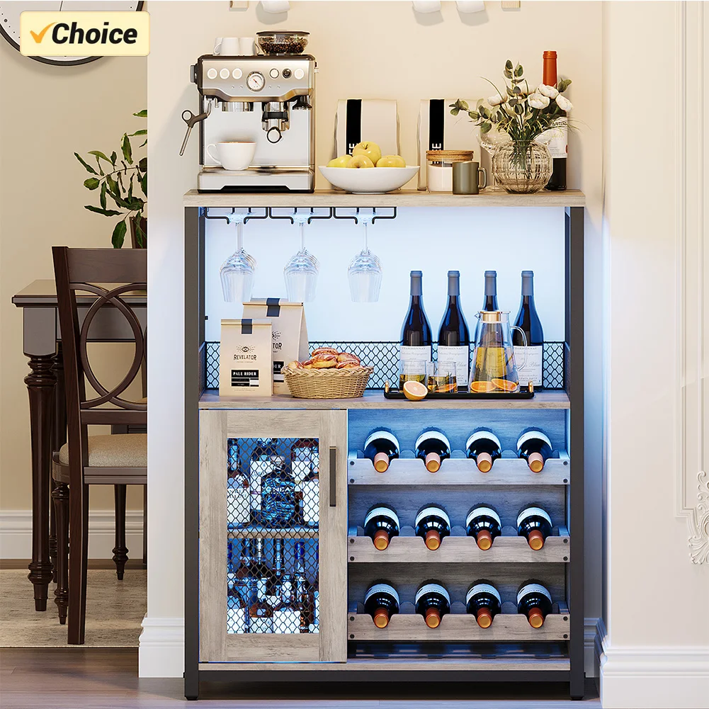 Wine Bar Cabinet with LED Lights Removable Wine Storage Cabinet with Extra Storage Industrial Sideboard