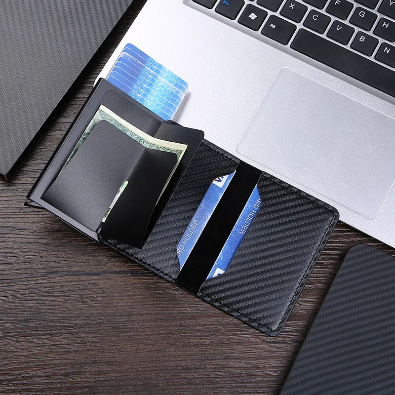 Carbon Fiber Credit Card Holder Wallet Men Women Minimalist Slim Metal RFID Blocking Pop Up Credit Card Purse Money Clip For Men