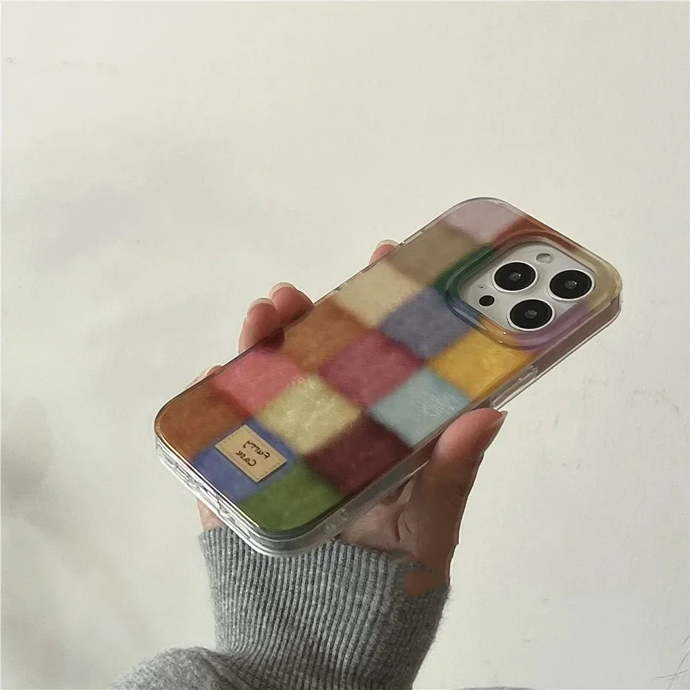 Dopamine Color Block Plaid Matte Phone Case with Grid Label Design