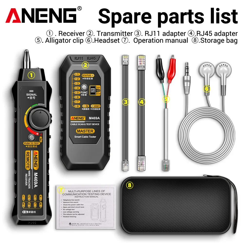 ANENG M469A Smart Network Cable Tester RJ45 RJ11 LAN Cable Tester Finder Wire Tracker Receiver Network Repair Electrical Tool network cable tester
