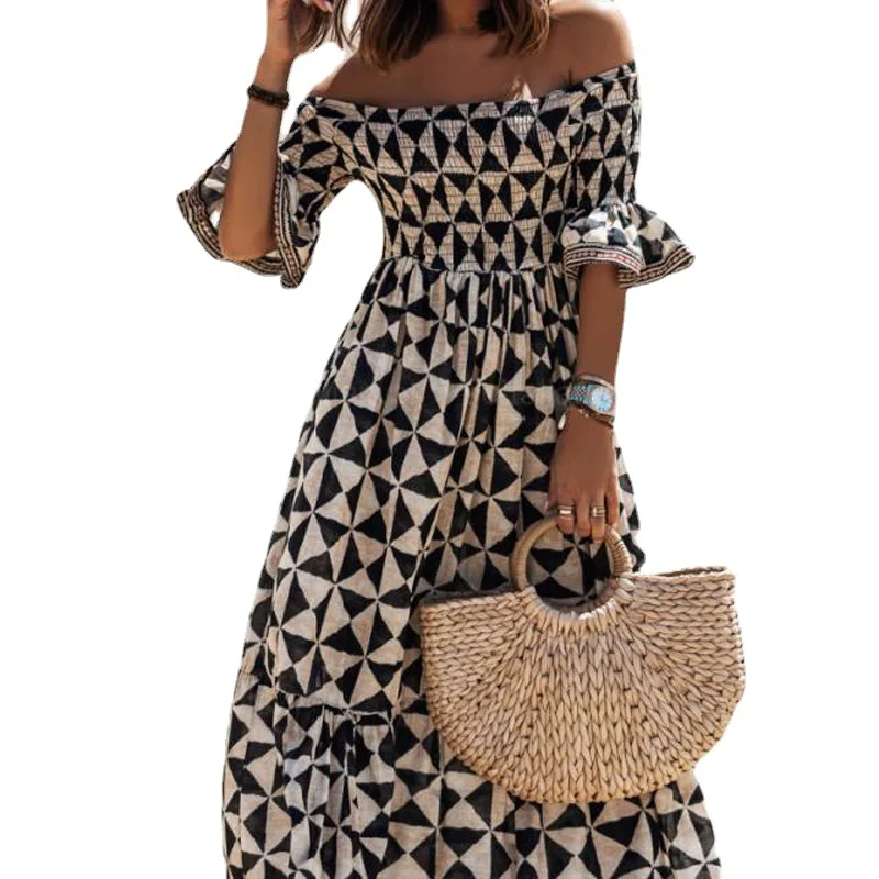 

French Fashion Women Dress Short Flare Sleeves Shoulderless Large Hem Female Plaid Dress Casual Design Ladies Beach Dresses