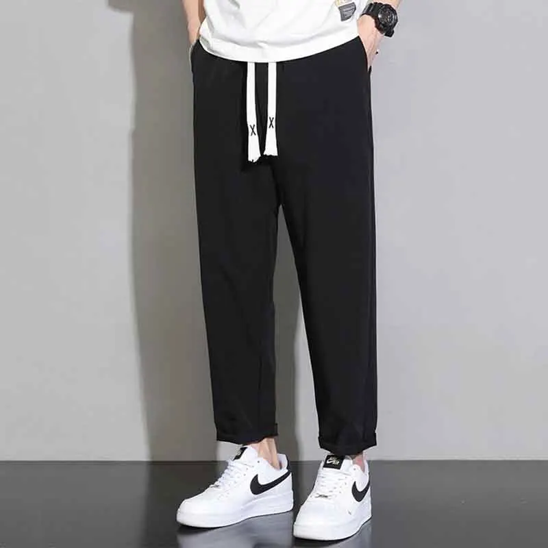 Korean Trend Summer Casual Pants Men Ice Silk Solid Quick Dry Elastic Waist Drawstring Versatile Straight Ankle Length Trousers