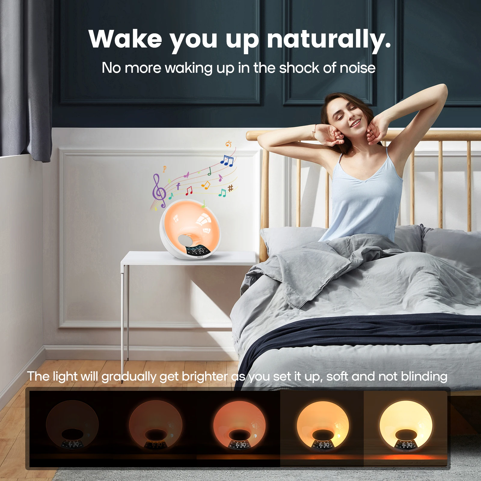 15W Bluetooth Speaker with Smart Wake Up Light FM Radio BT5.3 RGB Color Changing Atmosphere Bedside Lamp Alarm Clock WISETIGER