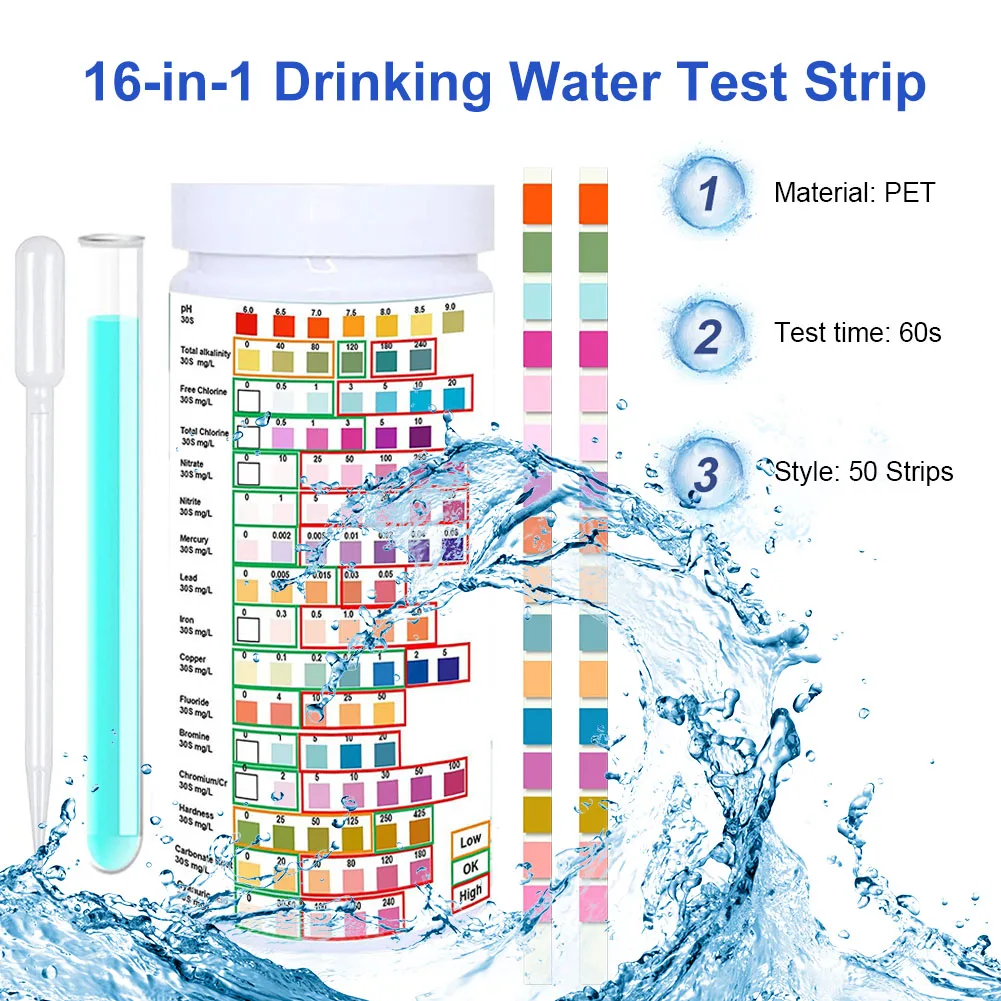

New 16 In 1 Drinking Water Test Kit Water Pool Accessories Tools Spa Water Test Strips Nitrate Nitrite PH Hardness Test Strips
