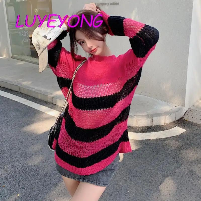 

Autumn Korean Fashion Knitted Sweater Women Y2k Thin Long Sleeve O Neck Sweaters Gothic Lady Loose Hollow Out Long Striped Top