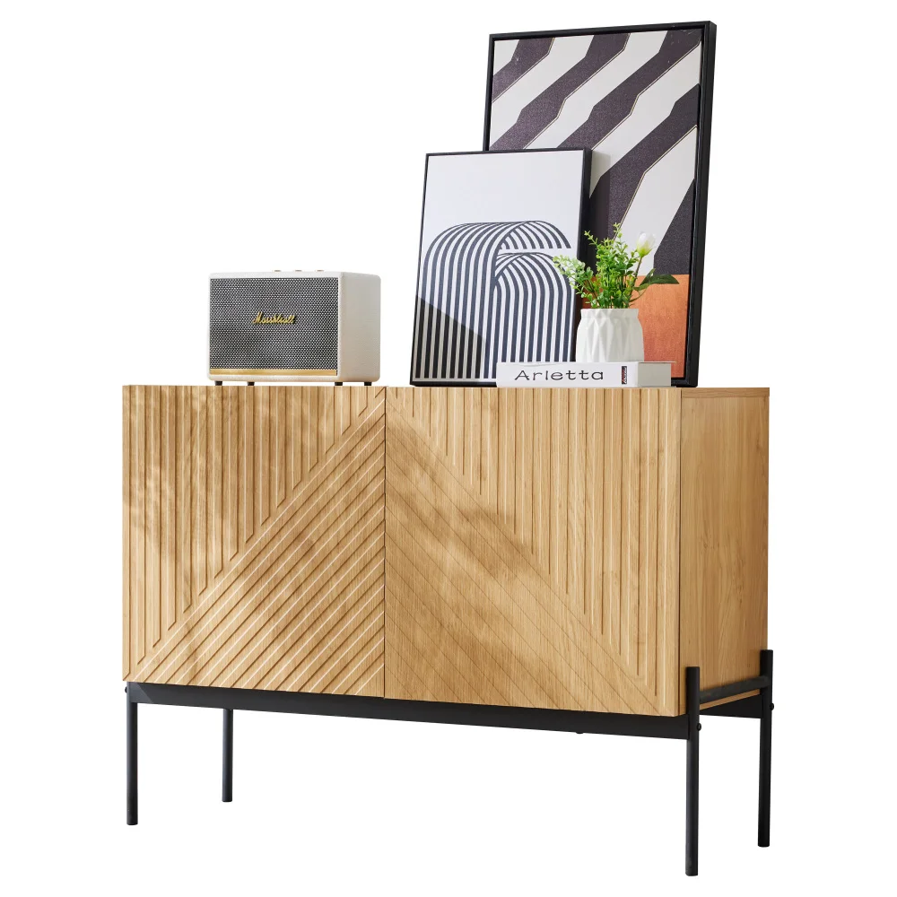 PINGGO Sideboard mit 2 Türen, Metallbeinen, Buffet-Kommode, Liniendesign, Maße H75cm B100cm T40cm, Wohnzimmer-Aufbewahrungsmöbel – Detail 12