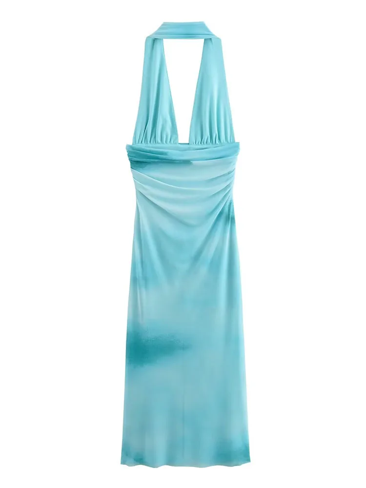 TFMLN 2024 Women Summer Slim Tie-dye Gradient Dress Sexy Backless Dress Woman Folds Elegant Neck-Mounted Slim Long Dresses