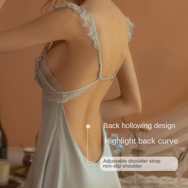 Sexy Silky Nightgowns Lingerie Pajamas Women's Sleepwear Sling Nightdress Lace Seduction Pure Desire Hot Hollow Out Night Gown
