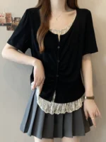 plus Size Lace Splice ort Sve T-irt Women Summer Slimming Concealing oulder Appropriate Top Korean Sle Loose Fit