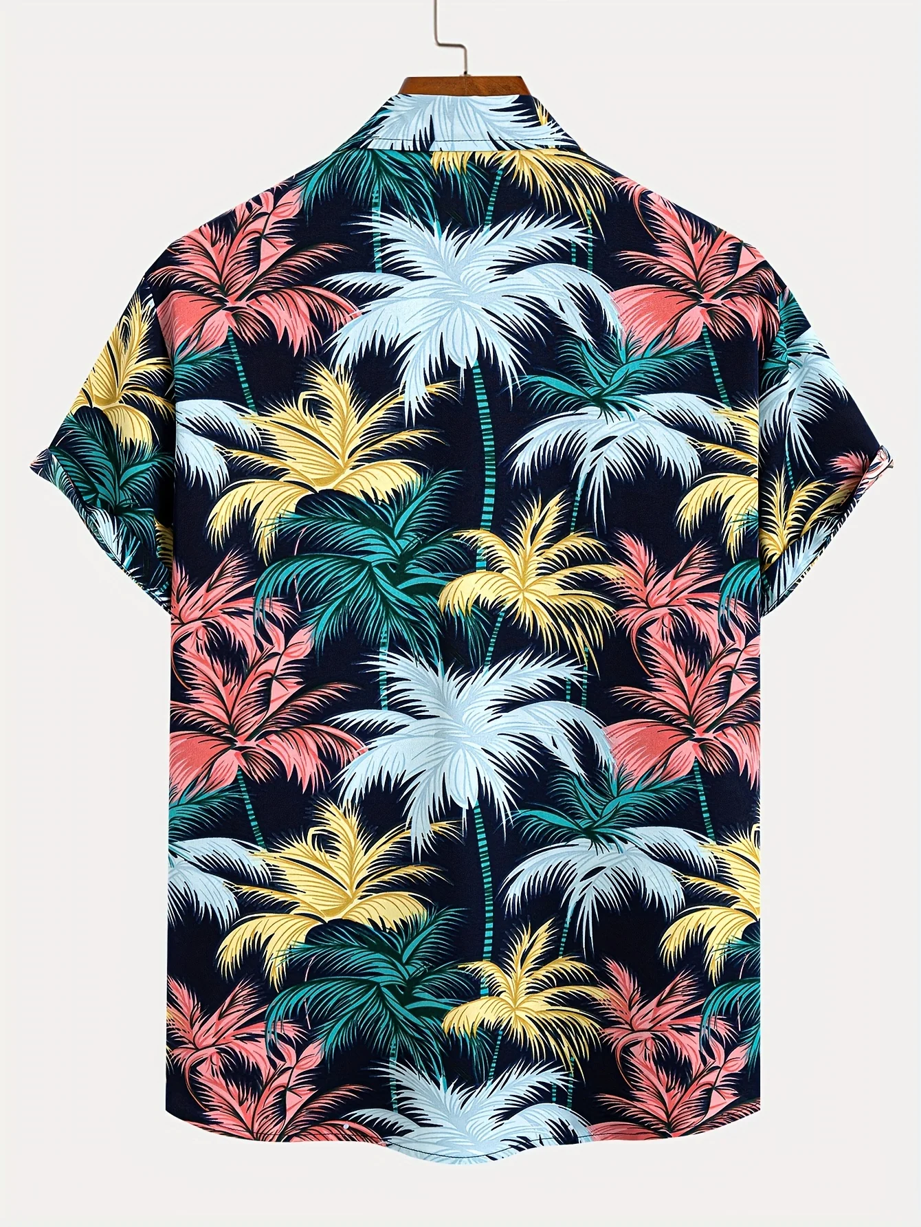 Men Short Sleeve Button Down Shirt Tropical Coconut Tree Pattern Hawaiian Style