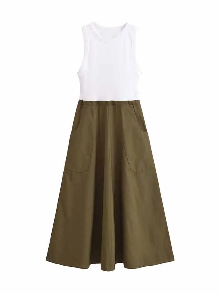 

Women's new fashion pocket decoration slim fit O Neck patchwork midi dress retro sleeveless side zippered women's dress Mujer