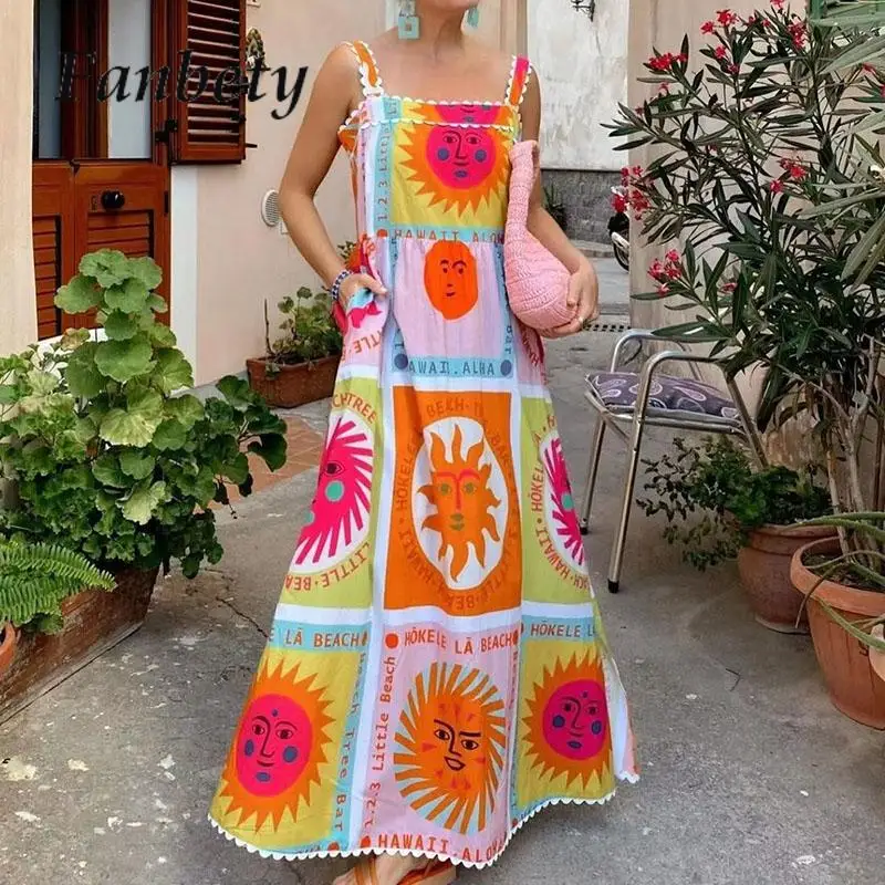 

Платье женское длинное с квадратным вырезом, свободный пляжный сарафан в стиле бохо, с принтом солнца, на бретелях-спагетти, в богемном стиле, на лето