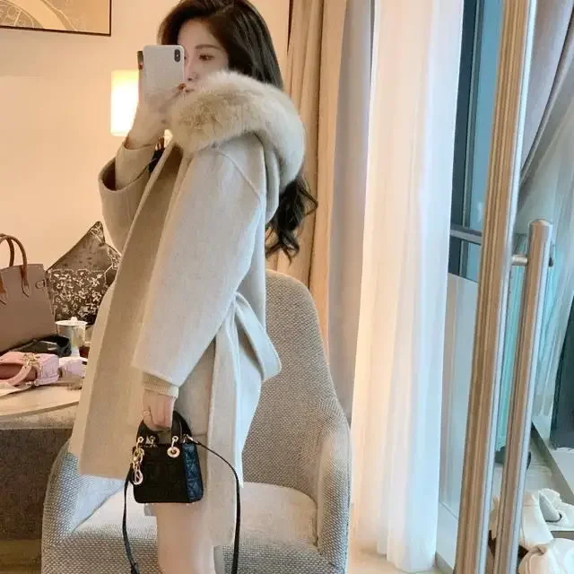 Woolen Coat Female Winter Medium Length Korean Version Loose Large Hairy Collar Small Person Hepburn Wind Thickened Woolen Coat