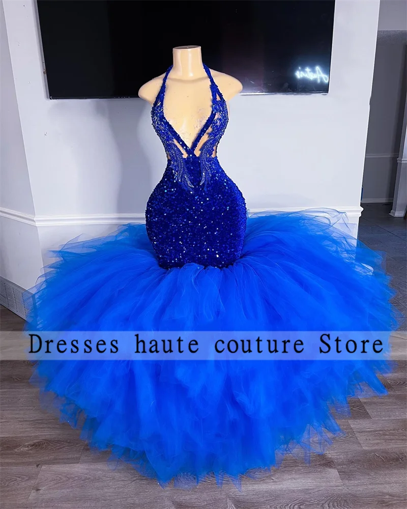 

Royal Blue Halter Beaded Prom Dresses 2023 For Black Girls Appliques Ruffles Celebrity Gowns Formal Party Gowns Robe De Bal