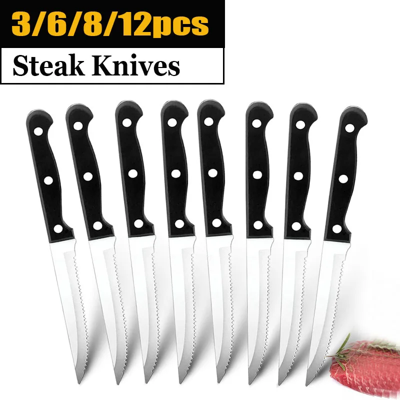 1~12pcs Steak Knife Set Stainless Steel Sharp Serrated Dinner Knives Cooking BBQ Knife Cut Meat Bread Steak Knives Kitchen Tool