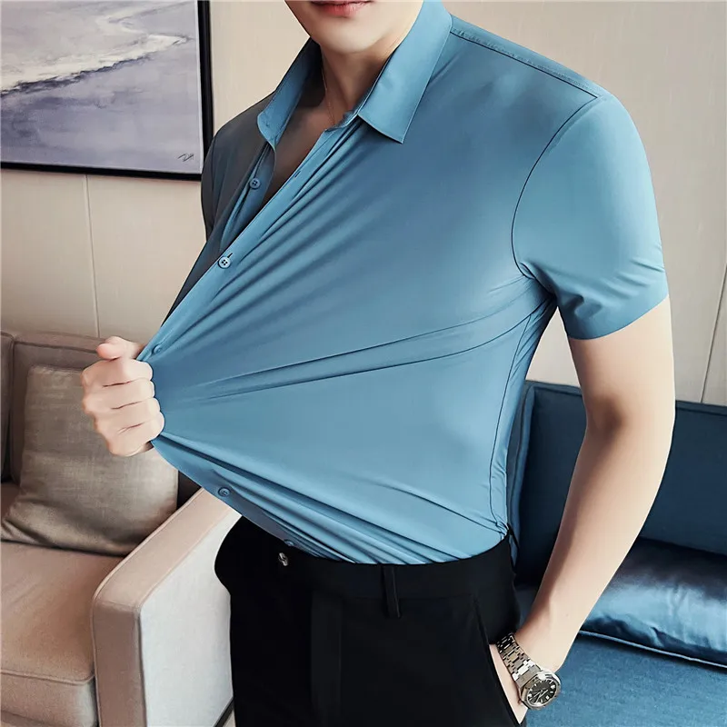 Casual Short Sleeved Shirt Short Sleeved Shirt 6colors Solid High Elasticity Seamless Short Sleeve Shirts Men Slim Social Casual Business Formal Dress Shirt