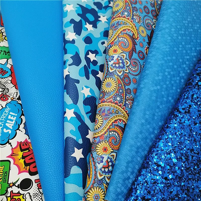 Blue Glitter Leather Sheets Flowers Printed Synthetic Leather Fabric Sheets Honey Comb Leather Diy Craft Sheets Mini Rolls W480