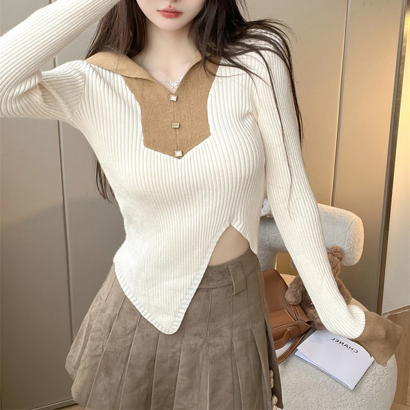 

Korean Irregular Lapel Sweater Fall Winter Slim Pullover Fashion Split Knitted Jumper Women Chic Long Sleeve Tops