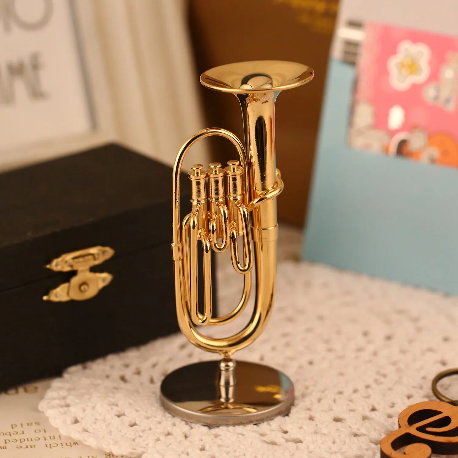 Miniature Tuba With Stand & Case - 3.94 Inch Brass Music Instrument Replica Collectible