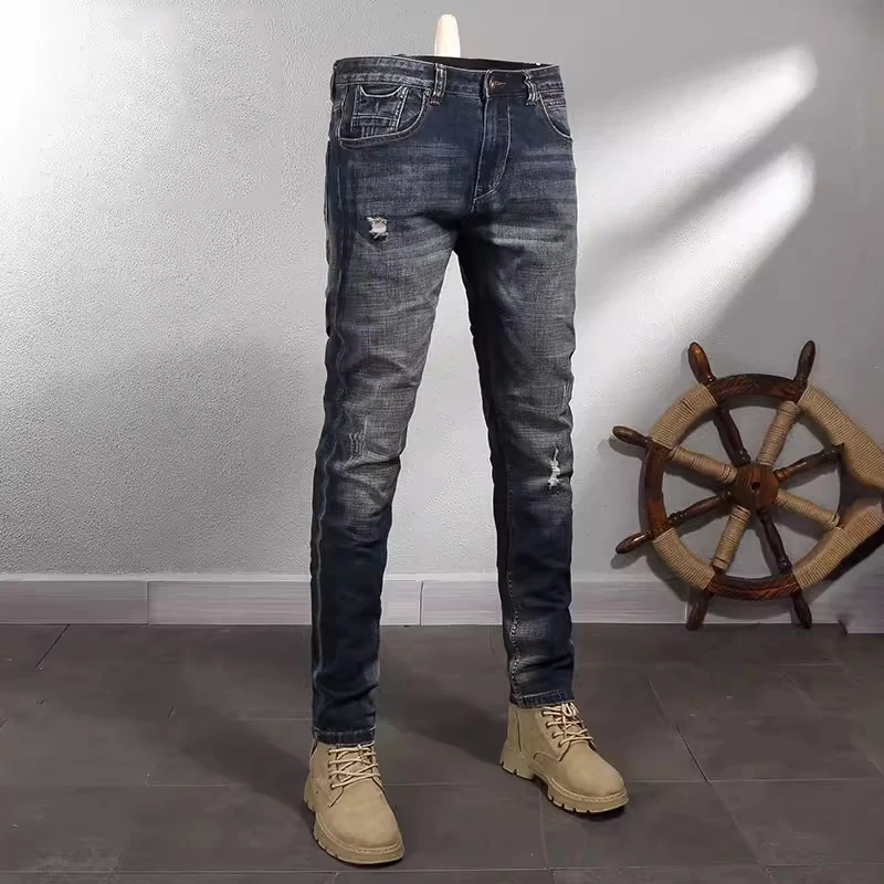 Fashion Designer Men Jeans High Quality Retro Washed Blue Stretch Slim Fit Ripped Jeans Men Trousers Vintage Casual Denim Pants