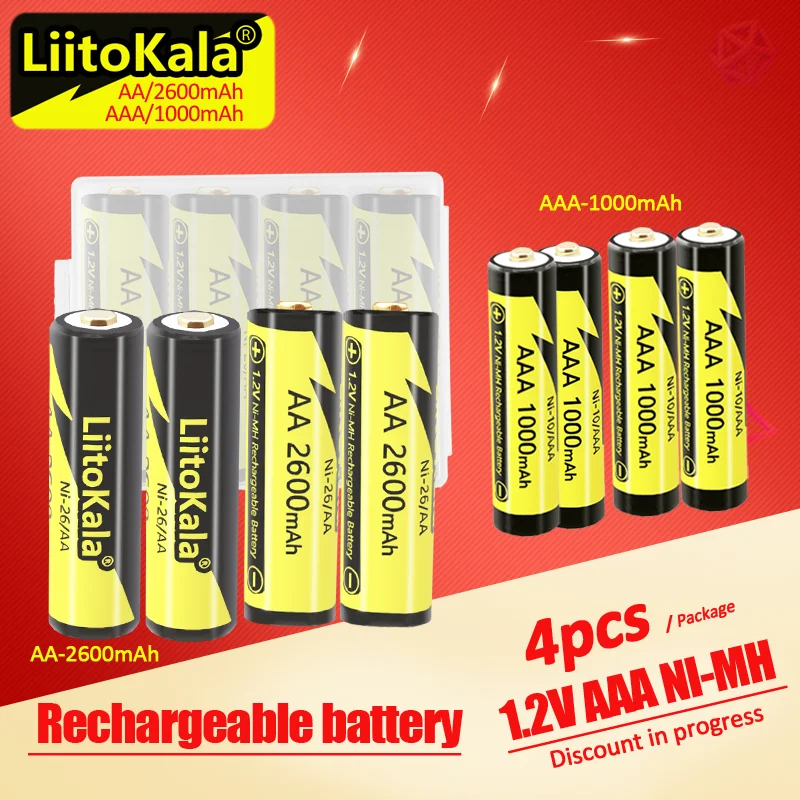 Liitokala Aaa 1000Mah/Aa 2600Mah Nimh 1.2V Batteria Ricaricabile Adatta Per Giocattoli Mouse, Con 1Pc Aaa/Aa Portabatterie 4 Pezzi