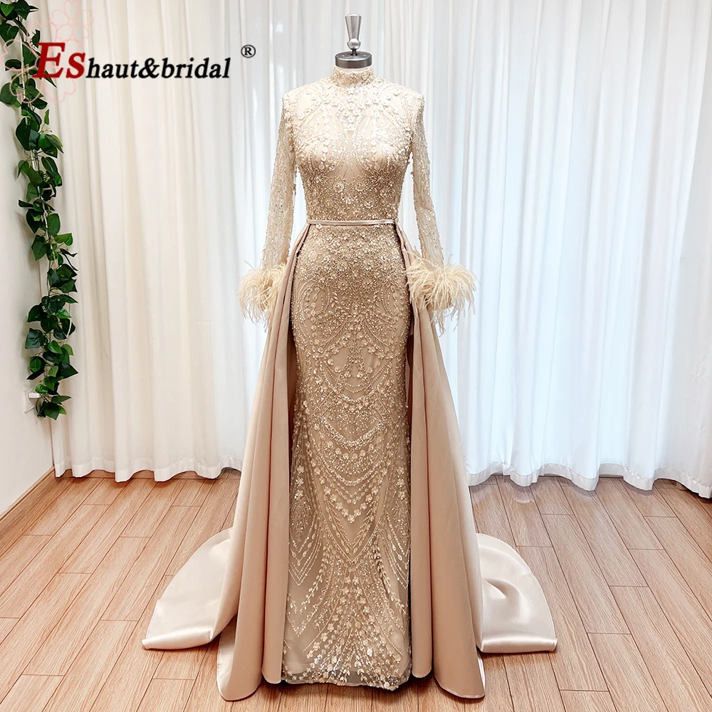 Elegant Lace Feather Muslim Evening Dress for Women Detachable