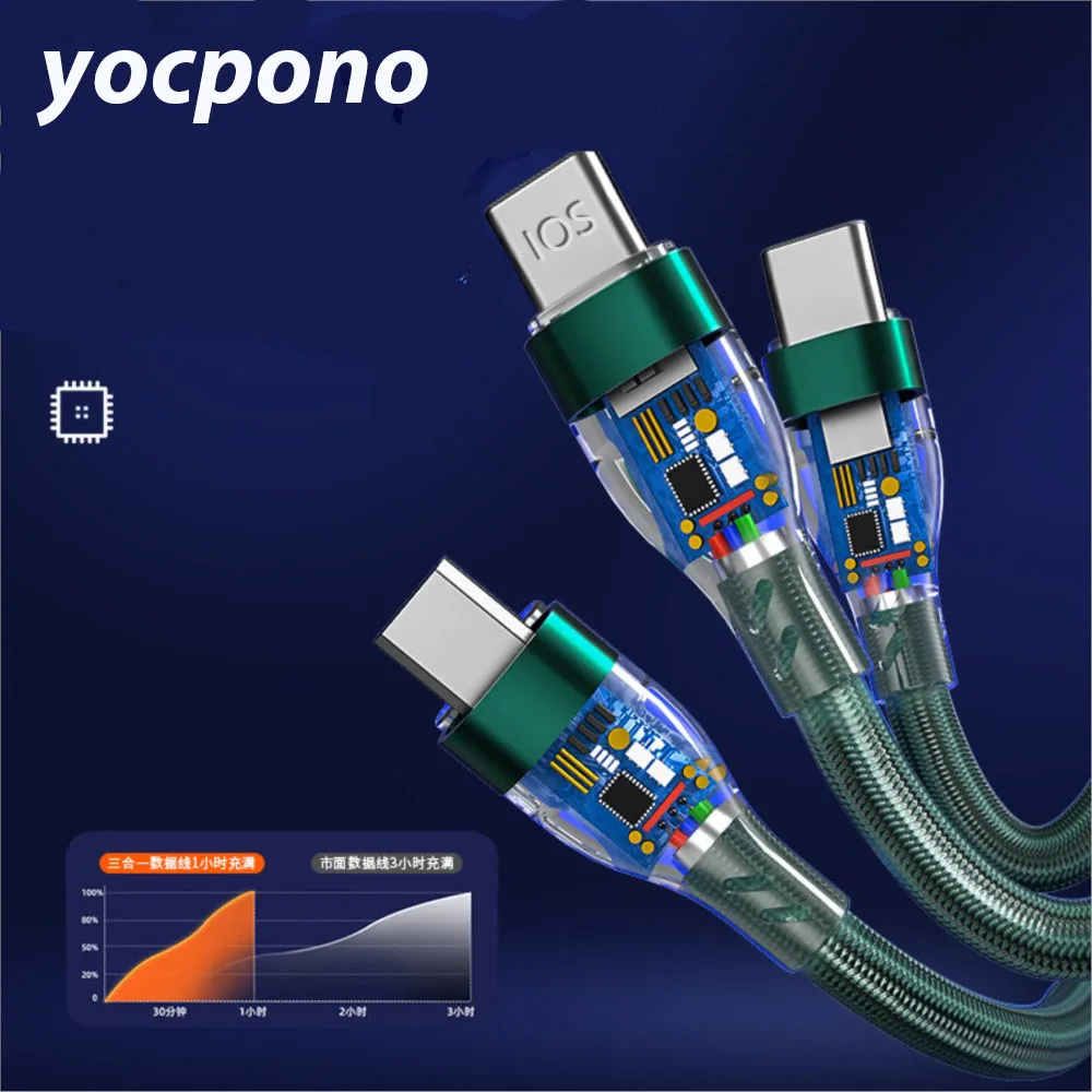 YOCPONO Support Flash Charging 6A Super Fast Charging 3 In 1 Data Cable Applicable To Android Huawei Charging Cable