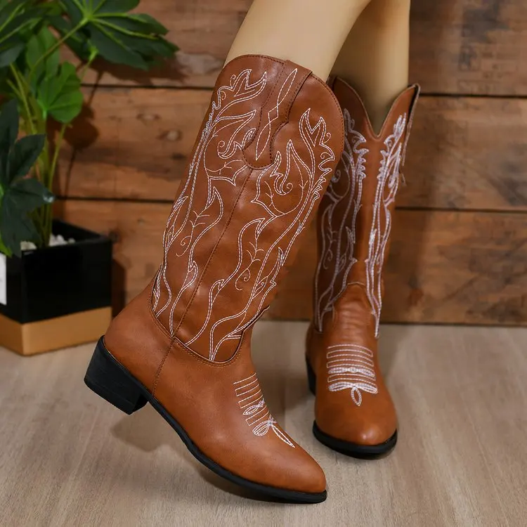 Versatile Western Denim Thick Heel V-Neck Embroidered Sleeve Cavalry Boots Retro Mid Barrel Horse Boots