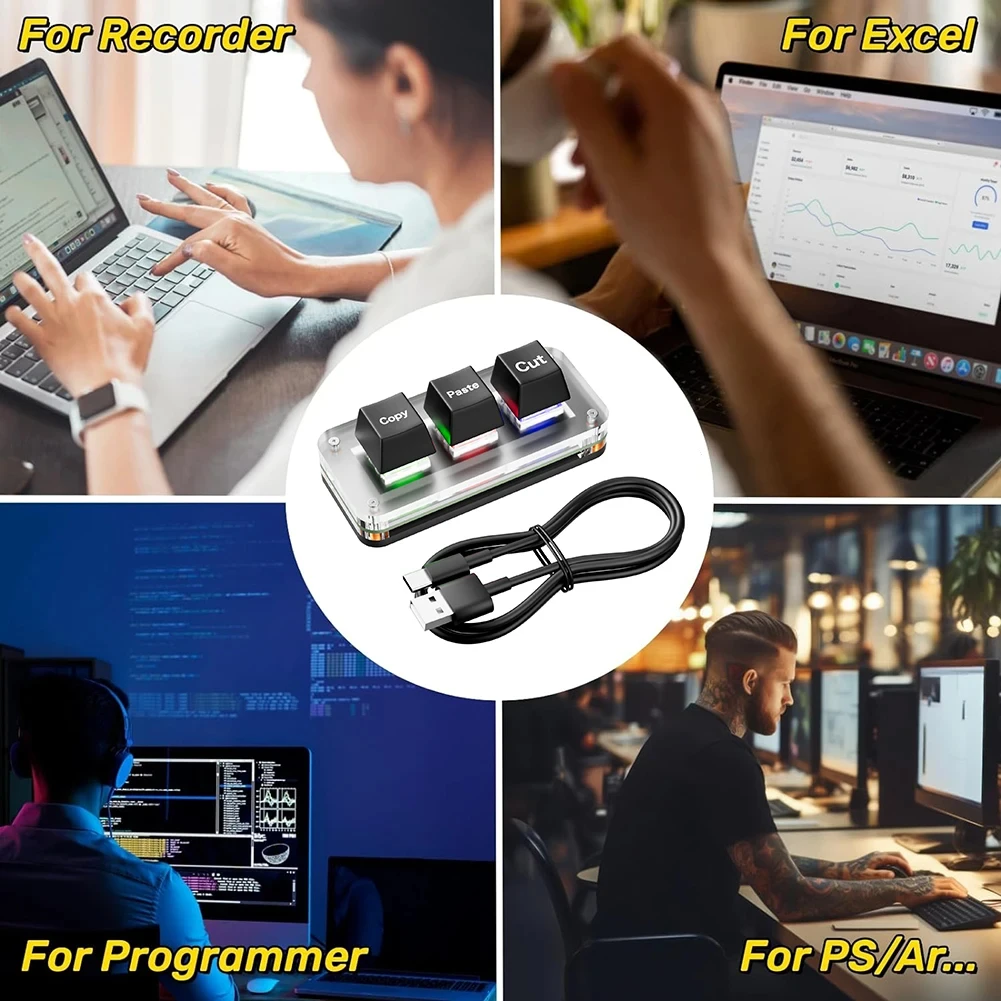 RGB CTRL X C V 단축키 한손 키보드, 3 키 매크로 키패드, USB C타입 게임용 키패드, 회계 작업 또는 리듬 게임용
