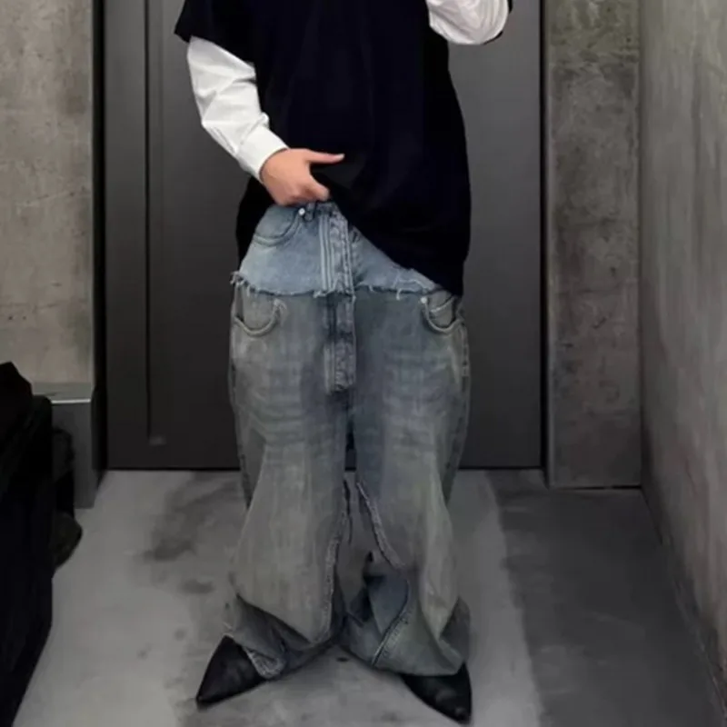 HKSH Spring Autumn New Men's Tide Punk Ripped Denim Pants Women's Spliced Double Layer Waist Baggy Jeans Streetwear Chic  HK3747 3