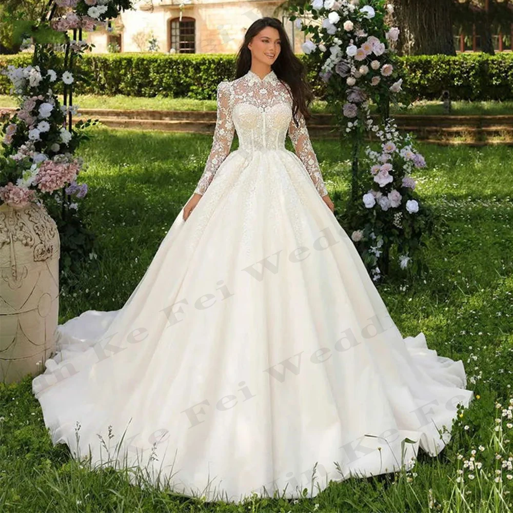 

2024 элегантные женские свадебные платья Кружевная аппликация великолепные трапециевидные Прозрачные Свадебные платья принцессы с высоким воротником Деловые женские свадебные платья