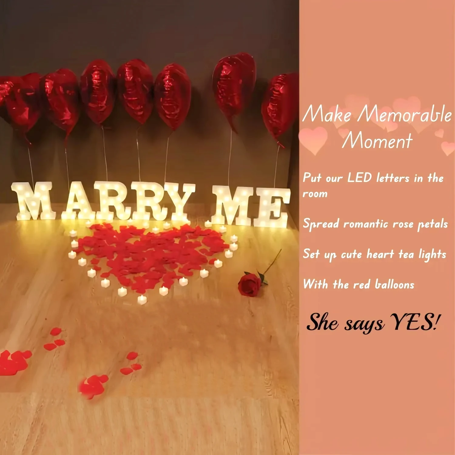 ORIXA Set Proposta Matrimonio: Lettere LED MARRY ME, Petali Di Rosa E 24 Candele Romantiche