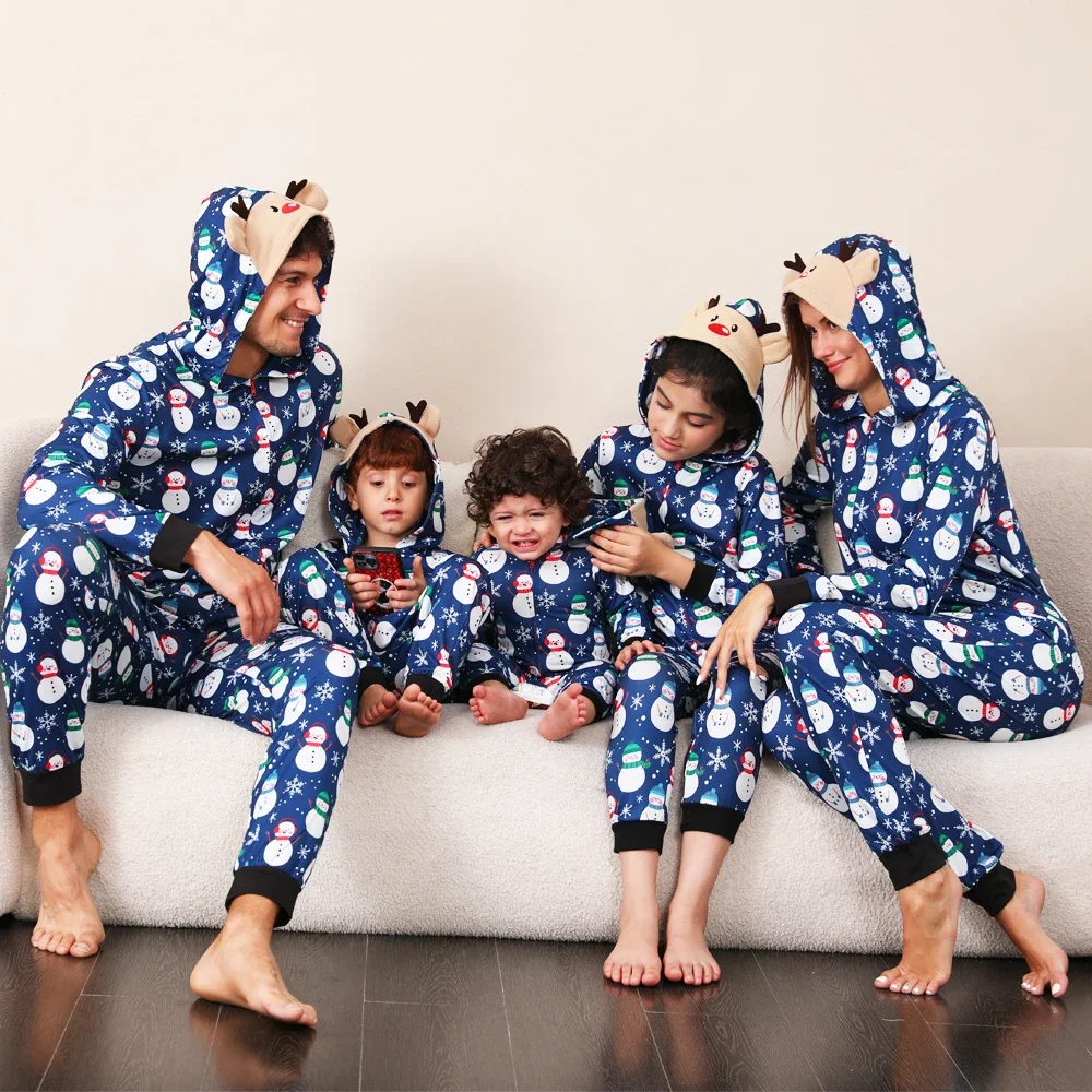 2024 Christmas Family Matching Outfit Cute Deer Ear Hooded Zipper Romper Cute One-Piece Jumpsuit Allover Print Pajamas Xmas Look 3