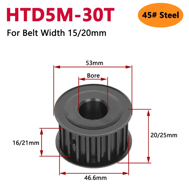 

1pc 30 Teeth HTD5M 45# Steel Timing Pulley HTD 5M 30T Synchronous Wheel for Belt Width 15/20mm Bore 5 6 6.35 8 10 12 12.7-28mm