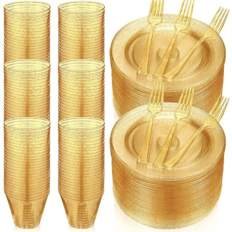 300 Pcs Plastic Dinnerware Set Disposable for Party, Glitter Plates, Cup, Dessert Forks, 100 Guest Disposable Dinnerware Set