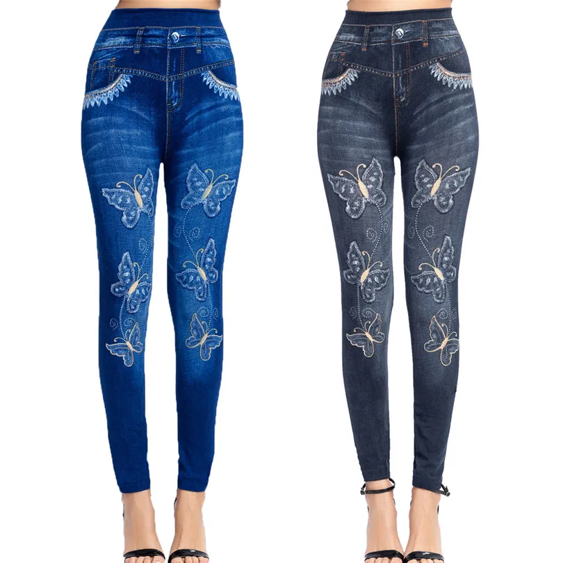 LJCUIYAO 원활한 높은 허리 청바지 레깅스를 밀어 여자 가을 탄성 Jeggings 데님 바지 나비 인쇄 패턴 하단